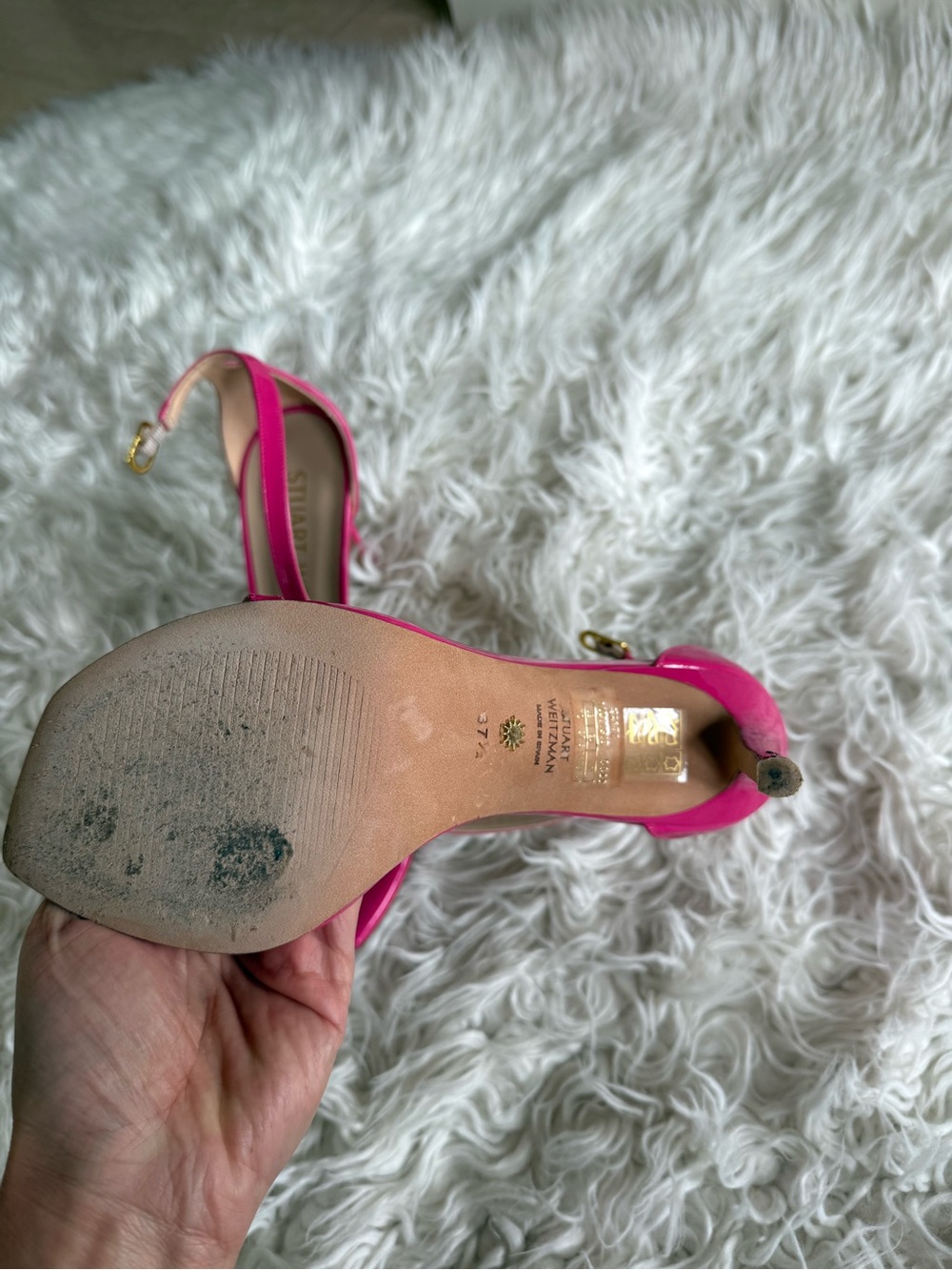 Stuart Weitzman Hot Pink Patent Ankle-Strap Sandals - Picture 3 of 3